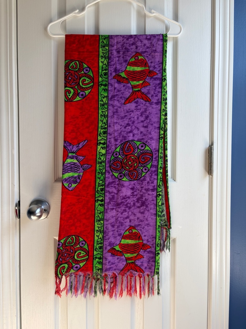 Colorful Fish Print Fringe Scarf Wrap Shawl Boho Statement Accessory 55” x 46”